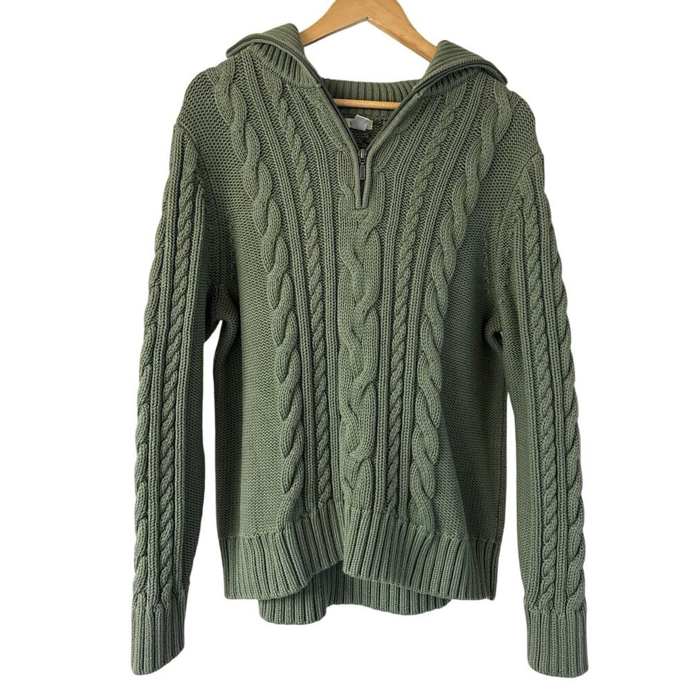 L.L. Bean Womens Double L Cable Sweater, Quarter-Zip Size 2X Bay Leaf Green EUC